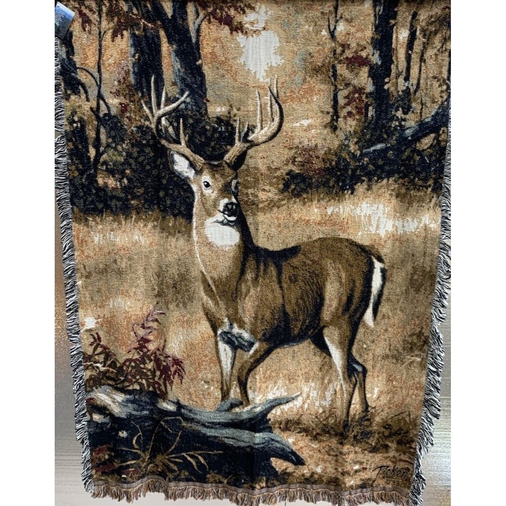 Buck Deer Woven Tapestry Throw Blanket with Fringe Wall Hanging 51 in. x 68 in.